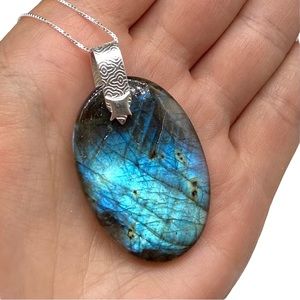 Blue Fire Labradorite Necklace Pendant Sterling Silver 925 Oval Fiery Flashy